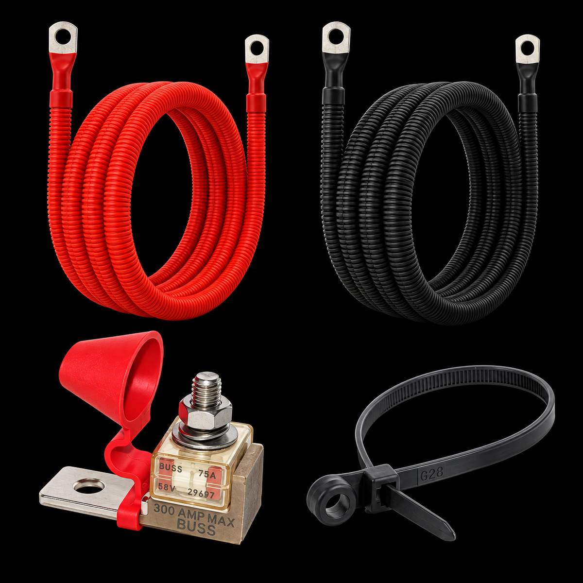 C8-InvKit complete inverter cable kit: red and black 2/0 AWG cables, marine fuse block and mounting cable tie